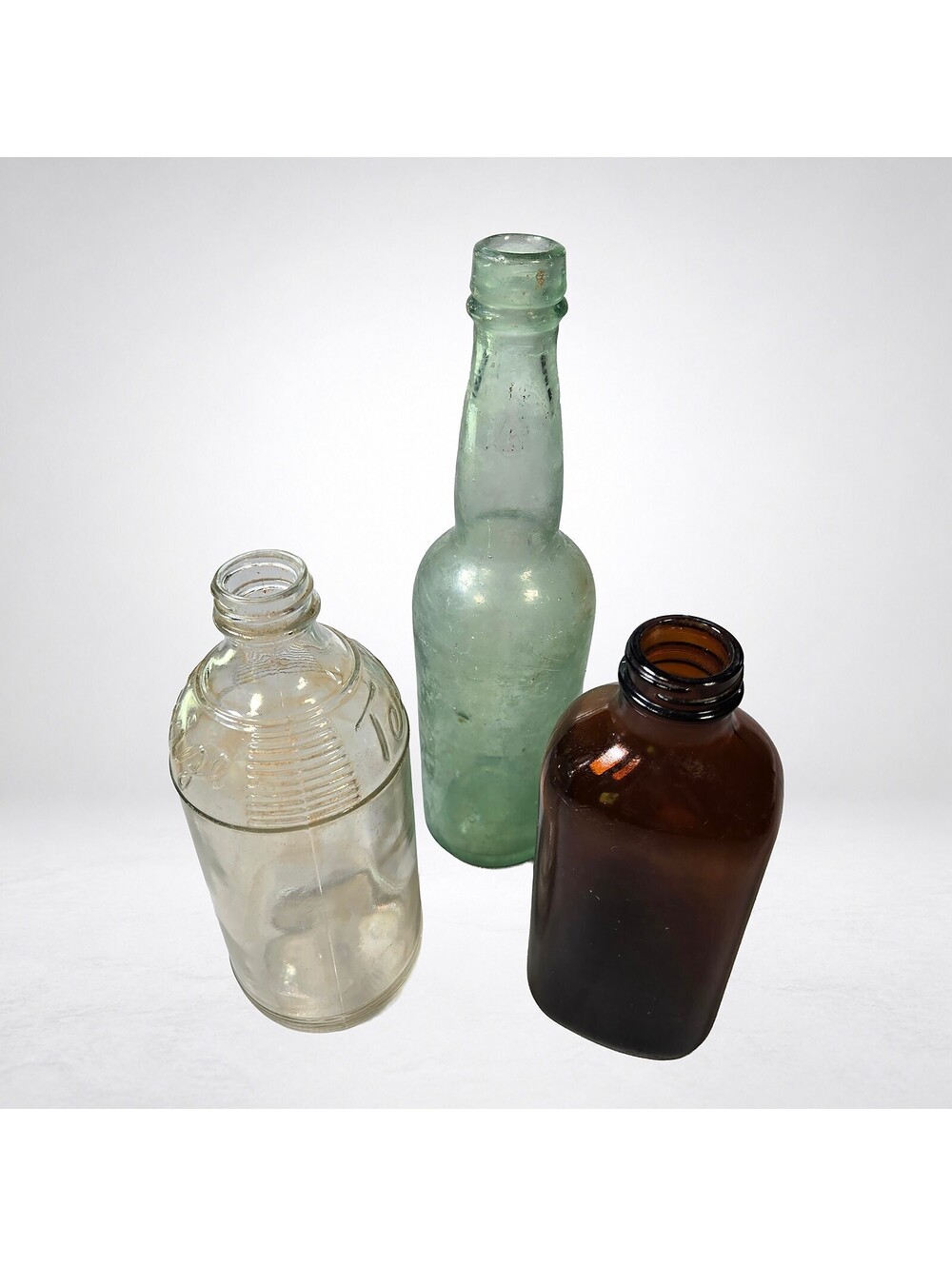3 Antique Glass Bottles Lot, Green Brown Clear, Texize